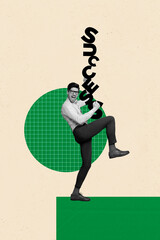 Zine trendy poster art photo collage of happy businesswoman businessman stand geometric figure...