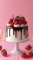 A birthday cake with chocolate and strawberries on top. Colorful and Delicious Birthday cake. Birthday cake with chocolate and strawberries. Happy Mother's Day. Valentine Day. Happy Wedding 