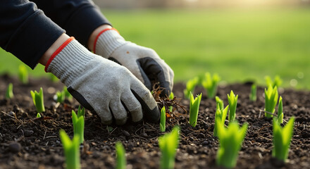 Hands in white gloves removing weeds from garden soil with green seedlings. Spring gardening concept. Plant care, organic farming, weed control. Earth Day, gardening services, landscaping tools sale