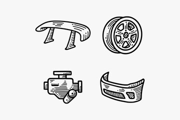 lip spoiler racing, modular spoke, inline engine, front bumper, car wheel rim engraving doodle illustration vector design set for automotive, racing, garage, workshop, vehicle, custom service, repair