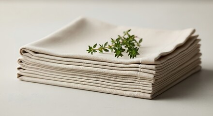 Softly folded linen napkins with a delicate sprig of fresh parsley on top, set against a serene light gray background, evoke a sense of table setting tranquility.