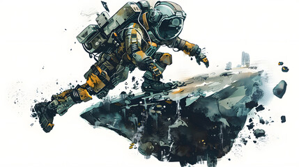 watercolor painting style Asteroid miner operation