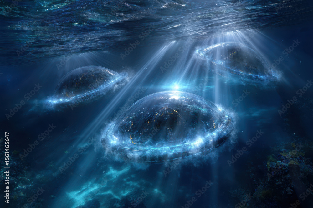 Poster underwater domes illuminated by beams of light in an oceanic setting