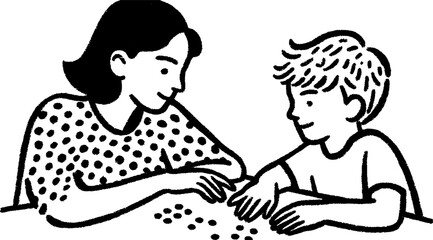 Child learning numbers with teacher assistance in sketch style