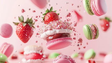 A cake with chocolate, strawberries, and macarons. Colorful macarons. Beautiful macarons. Macarons on an elegant cake. Delicious desserts and confectionery products. Copy space area
