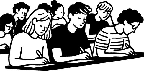 Classroom exam scene with focused students sketch for educational design