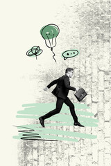 Banner pop image sketch artwork collage of happy businessman businesswoman stand light bulb idea...