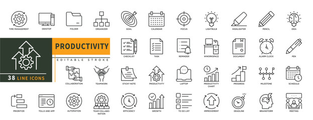 Minimalist Productivity line icons set with editable stroke, featuring time management, dekstop, folder, organizer, automation, teamwork, folder, goal, focus, task, reminder. thin linear illustration.
