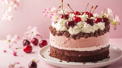 A beautiful chocolate mousse cake with flowers and cherries on top. Colorful and Delicious Birthday cake. Birthday cake with chocolate and cherries. Happy Mother's Day. Valentine Day. Happy Wedding 