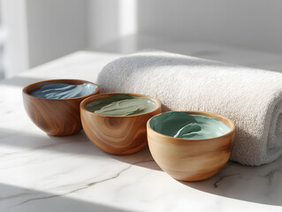 Set of face masks in wooden bowls: blue spirulina, green tea, and natural clay.