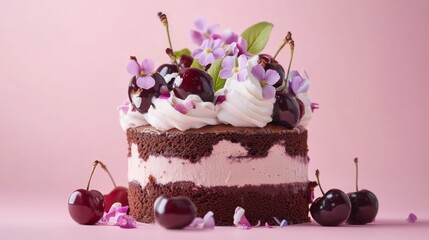 A beautiful chocolate mousse cake with flowers and cherries on top. Colorful and Delicious Birthday cake. Birthday cake with chocolate and cherries. Happy Mother's Day. Valentine Day. Happy Wedding 