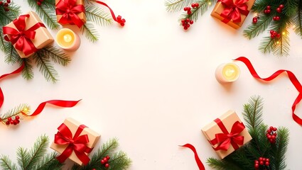 Top view white background Christmas scene with red gifts, candles, golden bokeh and fir decorations
