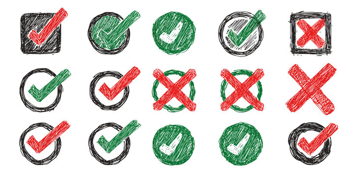 Checkmarks and Crossmarks: A hand-drawn collection of checkmarks and crossmarks, showcasing a variety of styles and colors. Use it for design elements or illustrate choices.