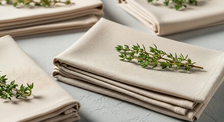 Elegant beige linen napkins with fresh greenery adornments artfully arranged on a light gray surface, evoking a sense of refined table setting.