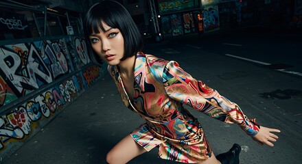 Naklejka premium Stylish Woman in Graffiti-Covered Urban Alleyway