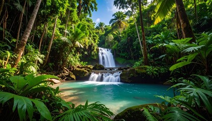 Tropical Waterfall Hidden in Jungle Paradise 