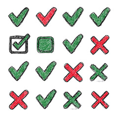 Checkmark and Cross Pattern: A collection of hand-drawn checkmarks and crosses, conveying concepts of choices, verification, and error in a dynamic illustrative design.