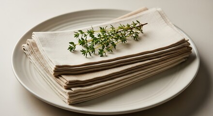 A neatly folded stack of beige cloth napkins on a ceramic plate, garnished with a sprig of fresh greenery on a clean white background.