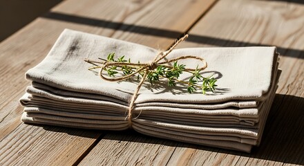 Softly lit linen napkins tied with twine and fresh herbs rest on rustic wooden planks.