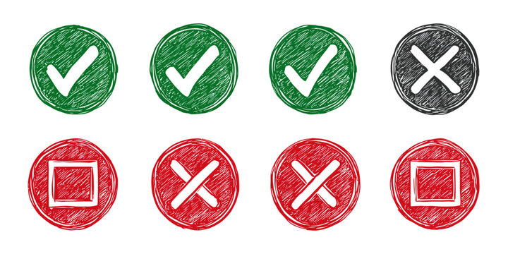 Hand Drawn Check and Cross Marks: A set of hand-drawn check marks and cross marks, rendered with a colored pencil effect.