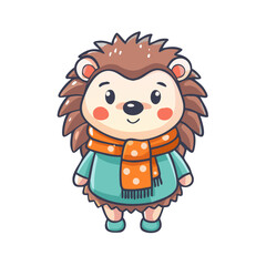 Adorable hedgehog in a woolen scarf. Winter clipart on white background. Vector illustration. 