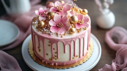 A beautiful cake. Birthday cake with chocolate and strawberries. Cake with pink and gold flowers. Colorful and Delicious Birthday cake. Happy Mother' Day. Valentine Day. Happy Birthday. Happy Wedding