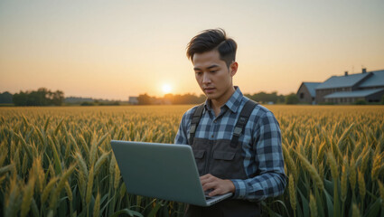 Young Farmer Using Laptop in Wheat Field at Sunset