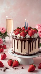 A beautiful chocolate mousse cake with flowers and cherries on top. Colorful and Delicious Birthday cake. Birthday cake with chocolate and cherries. Happy Mother's Day. Valentine Day. Happy Wedding 