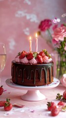 A beautiful chocolate mousse cake with flowers and cherries on top. Colorful and Delicious Birthday cake. Birthday cake with chocolate and cherries. Happy Mother's Day. Valentine Day. Happy Wedding 