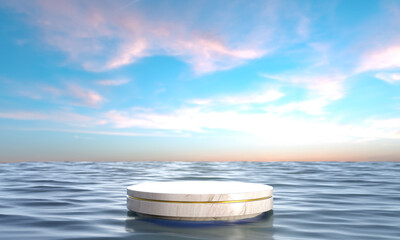 Empty marble podium on ocean background. 3d render