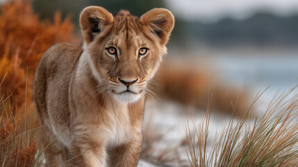 Obraz premium A young lion cub, light brown fur, amber eyes, walks towards the camera through tall grass. The background is blurred, showing muted autumnal colors and a hint of water.