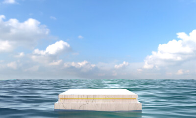 Empty marble podium on ocean background. 3d render