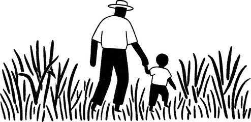 Peaceful farm scene sketch with farmer and child walking hand in hand