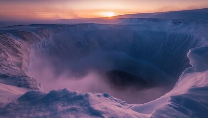 Winter wonderland vista, icy chasm at sunset