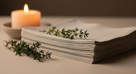 Serene ambiance of a lit candle beside a neatly stacked pile of paper adorned with delicate green leaves on a muted beige surface.