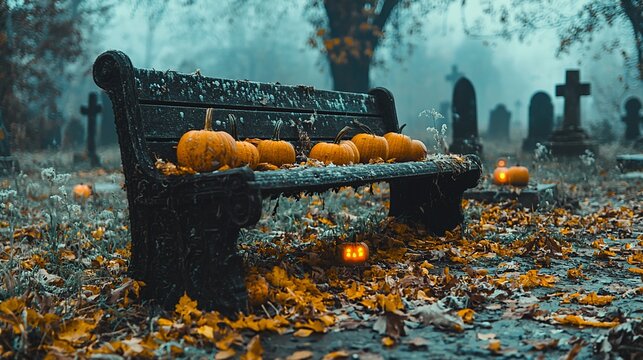 Spooky Halloween scene in a misty graveyard. Pumpkins on a weathered bench