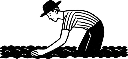 Fototapeta premium Farmer inspecting crops in open field: agricultural scene with hand drawn sketch for rural design