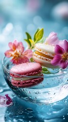 A cake with chocolate, strawberries, and macarons. Colorful macarons. Beautiful macarons. Macarons on an elegant cake. Delicious desserts and confectionery products. Copy space area