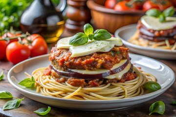 Delicious Eggplant Parmesan Pasta Dish with Melted Mozzarella and Fresh Basil, Rustic Italian Food Photography