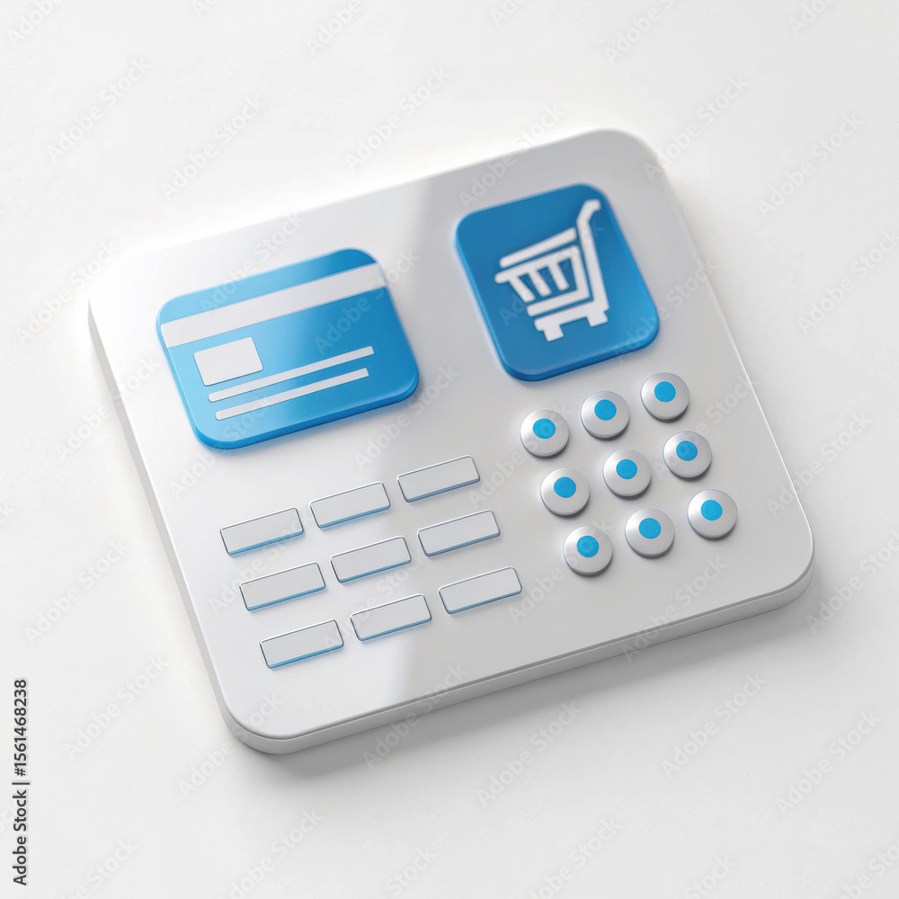 Poster e-commerce web button order, digital payment interface with card and shopping cart icons.