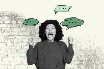 Full 3d poster art collage of happy girl guy stand drawing bubble communication speech phrase...