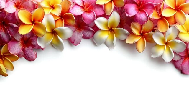A curved arrangement of multicolored plumeria flowers lies on a white background.
