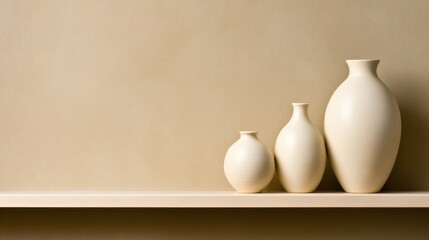 Three elegant, minimalist vases of varying sizes displayed on a smooth shelf against a beige wall