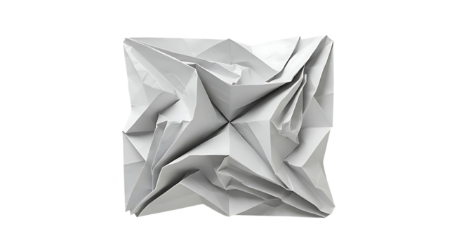 Intricate origami design of folded paper creating an abstract square shape against a contrasting transparent background, emphasizing texture and geometric patterns. - Powered by Adobe