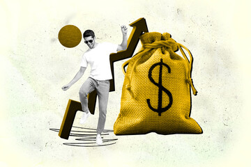 Full 3d art collage of happy businessman businesswoman stand arrow progress dollar bag capital...