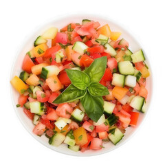 Fresh tomato cucumber salad with basil in white bowl isolated on transparent background