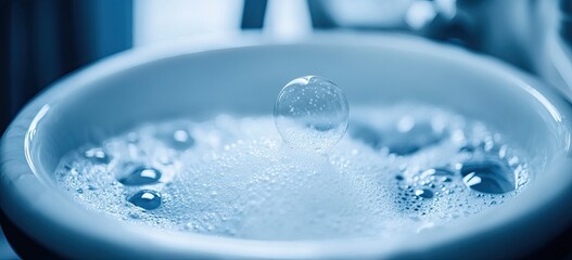 A single, transparent bubble hovering amidst soapy suds in a shallow, white bowl