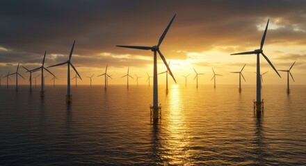 Offshore wind farm at sunset showcasing renewable energy and sustainable technology