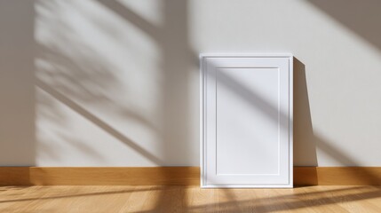A blank white frame leaning against a wall, casting shadows on the wooden floor in a minimalist room