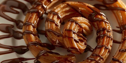 A delectable churro is drizzled with dark chocolate sauce on a plate